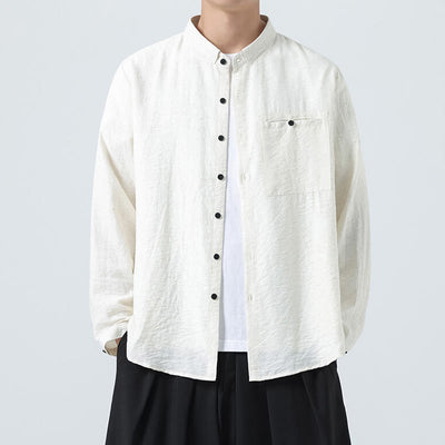 Buddha Stones Vintage Plain Buttons Down Stand Collar Long Sleeve Men's Cotton Shirt - White - US/UK/AU48，EU58(5XL) - image 1