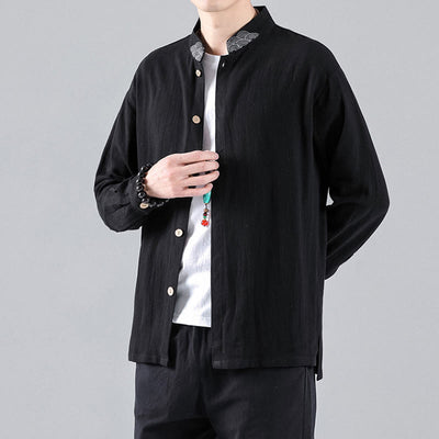 Buddha Stones Embroidered Auspicious Clouds Stand Collar Button Down Long Sleeve Men's Cotton Shirt - Black - US/UK/AU46，EU56 (5XL) - image 1