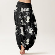 Buddha Stones Casual Elegant Crane Flower Pattern Women's Elastic Waist Harem Pants - image 3