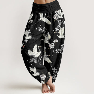 Buddha Stones Casual Elegant Crane Flower Pattern Women's Elastic Waist Harem Pants - Black - US22，UK/AU26，EU54 (6XL) - image 1