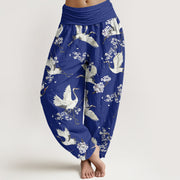 Buddha Stones Casual Elegant Crane Flower Pattern Women's Elastic Waist Harem Pants - MediumBlue - US22，UK/AU26，EU54 (6XL) - image 6