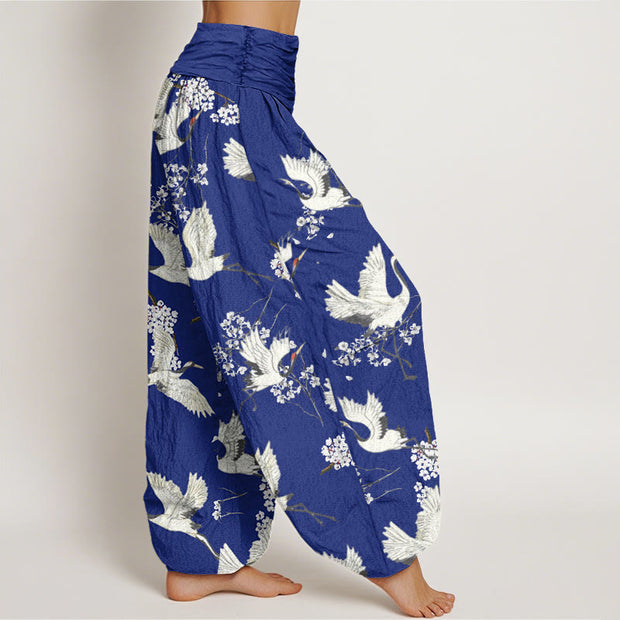 Buddha Stones Casual Elegant Crane Flower Pattern Women's Elastic Waist Harem Pants - image 7