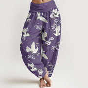 Buddha Stones Casual Elegant Crane Flower Pattern Women's Elastic Waist Harem Pants - MediumPurple - US22，UK/AU26，EU54 (6XL) - image 9
