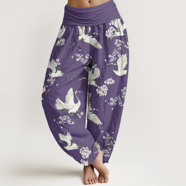 Buddha Stones Casual Elegant Crane Flower Pattern Women's Elastic Waist Harem Pants - MediumPurple - US22，UK/AU26，EU54 (6XL) - image 8