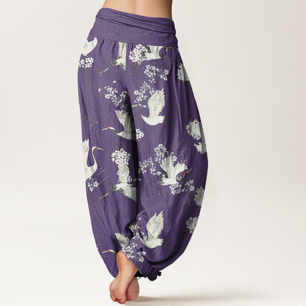 Buddha Stones Casual Elegant Crane Flower Pattern Women's Elastic Waist Harem Pants - image 11
