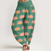 Buddha Stones Casual Vibrant Lotus Flower Pattern Women's Elastic Waist Harem Pants