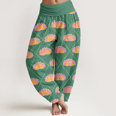 Buddha Stones Casual Vibrant Lotus Flower Pattern Women's Elastic Waist Harem Pants