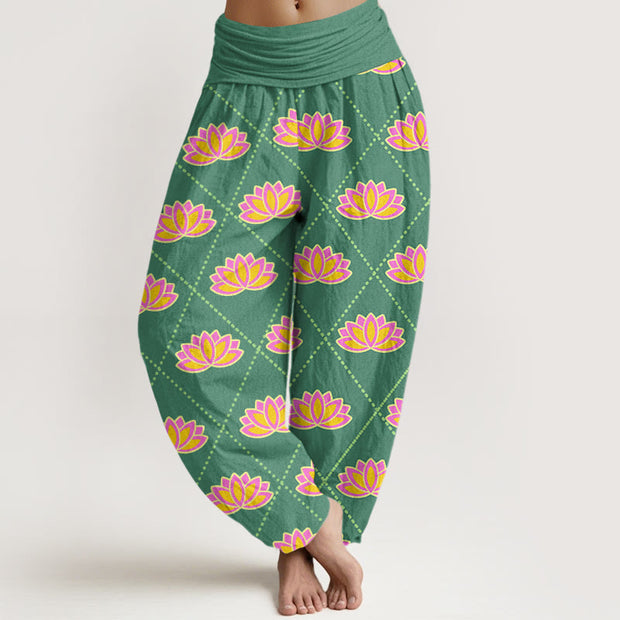 Buddha Stones Casual Vibrant Lotus Flower Pattern Women's Elastic Waist Harem Pants