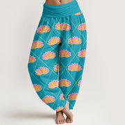 Buddha Stones Casual Vibrant Lotus Flower Pattern Women's Elastic Waist Harem Pants