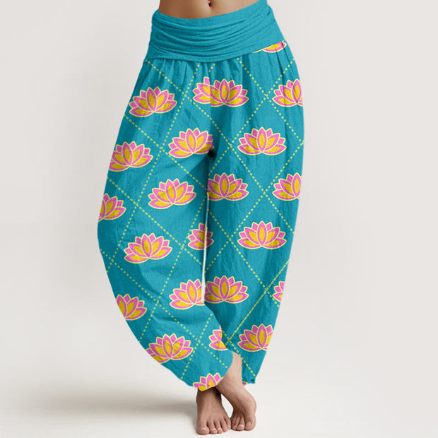 Buddha Stones Casual Vibrant Lotus Flower Pattern Women's Elastic Waist Harem Pants