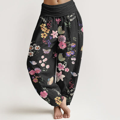 Buddha Stones Casual Colorful Flowers Butterfly Pattern Women's Elastic Waist Harem Pants - Black - US22，UK/AU26，EU54 (6XL) - image 1