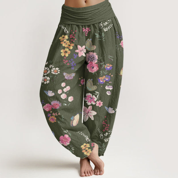 Buddha Stones Casual Colorful Flowers Butterfly Pattern Women's Elastic Waist Harem Pants - DarkOliveGreen - US22，UK/AU26，EU54 (6XL) - image 6