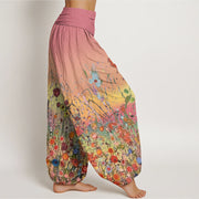 Buddha Stones Casual Colorful Flowers Gradient Background Pattern Women's Elastic Waist Harem Pants - image 3