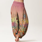 Buddha Stones Casual Colorful Flowers Gradient Background Pattern Women's Elastic Waist Harem Pants - image 2