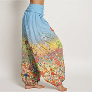 Buddha Stones Casual Colorful Flowers Gradient Background Pattern Women's Elastic Waist Harem Pants - image 10