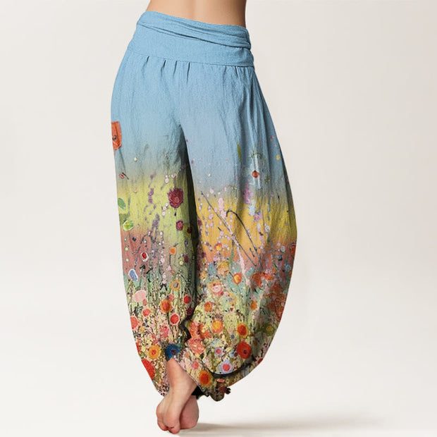Buddha Stones Casual Colorful Flowers Gradient Background Pattern Women's Elastic Waist Harem Pants - image 11