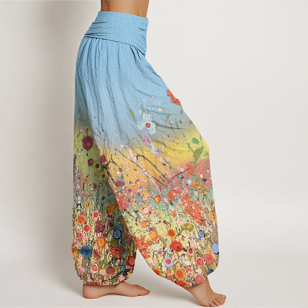 Buddha Stones Casual Colorful Flowers Gradient Background Pattern Women's Elastic Waist Harem Pants - image 10