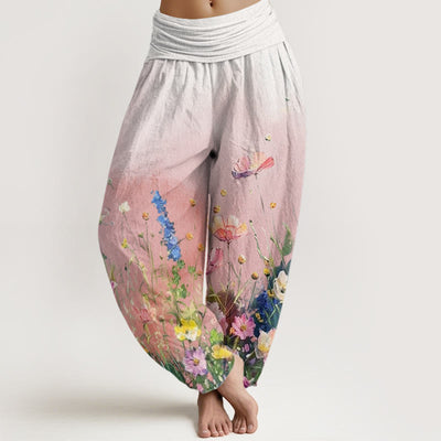 Buddha Stones Casual Watercolor Style Floral Pattern Women's Elastic Waist Harem Pants - Pink - US22，UK/AU26，EU54 (6XL) - image 1