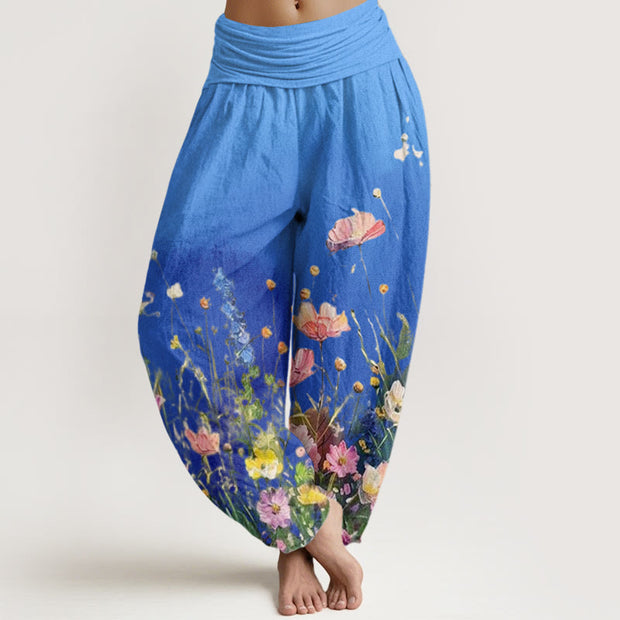 Buddha Stones Casual Watercolor Style Floral Pattern Women's Elastic Waist Harem Pants - DodgerBlue - US22，UK/AU26，EU54 (6XL) - image 9