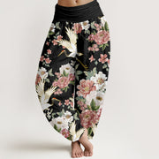 Buddha Stones Casual Cranes Blooming Peony Pattern Women's Elastic Waist Harem Pants - Black - US22，UK/AU26，EU54 (6XL) - image 1