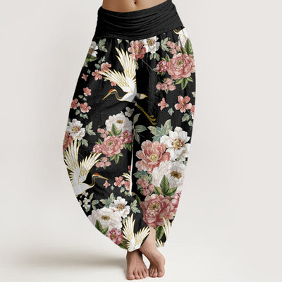Buddha Stones Casual Cranes Blooming Peony Pattern Women's Elastic Waist Harem Pants - Black - US22，UK/AU26，EU54 (6XL) - image 1