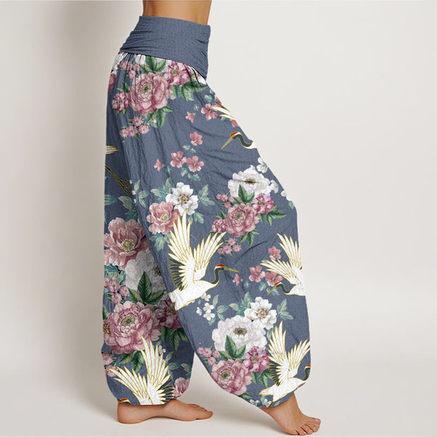 Buddha Stones Casual Cranes Blooming Peony Pattern Women's Elastic Waist Harem Pants - image 7