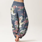 Buddha Stones Casual Cranes Blooming Peony Pattern Women's Elastic Waist Harem Pants - image 8