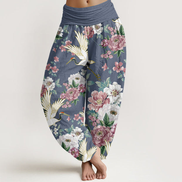 Buddha Stones Casual Cranes Blooming Peony Pattern Women's Elastic Waist Harem Pants - CornflowerBlue - US22，UK/AU26，EU54 (6XL) - image 6