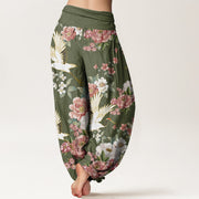 Buddha Stones Casual Cranes Blooming Peony Pattern Women's Elastic Waist Harem Pants - image 11