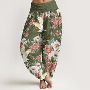 Buddha Stones Casual Cranes Blooming Peony Pattern Women's Elastic Waist Harem Pants - OliveDrab - US22，UK/AU26，EU54 (6XL) - image 9