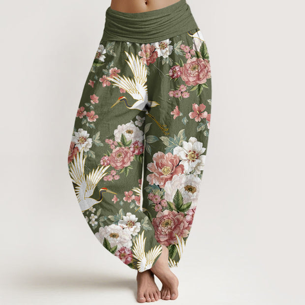 Buddha Stones Casual Cranes Blooming Peony Pattern Women's Elastic Waist Harem Pants - OliveDrab - US22，UK/AU26，EU54 (6XL) - image 9
