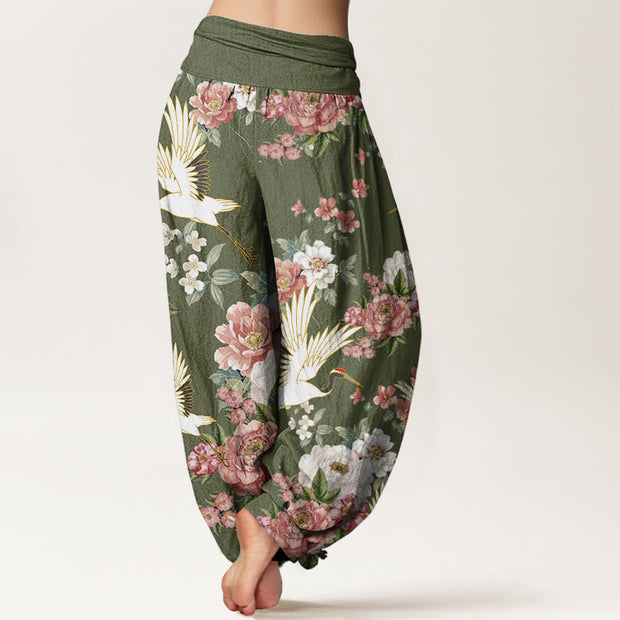 Buddha Stones Casual Cranes Blooming Peony Pattern Women's Elastic Waist Harem Pants - image 11