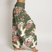 Buddha Stones Casual Cranes Blooming Peony Pattern Women's Elastic Waist Harem Pants - image 10