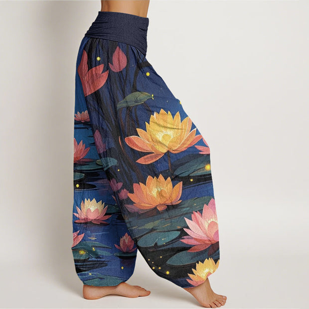 Buddha Stones Casual Peaceful Nighttime Lotus Pattern Women's Elastic Waist Harem Pants - image 2