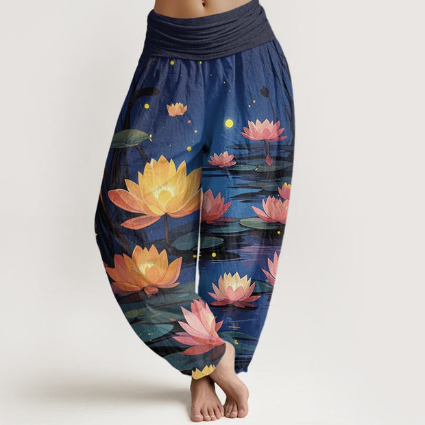Buddha Stones Casual Peaceful Nighttime Lotus Pattern Women's Elastic Waist Harem Pants - Navy - US22，UK/AU26，EU54 (6XL) - image 1