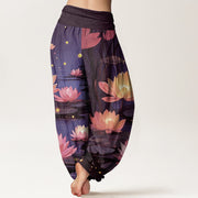 Buddha Stones Casual Peaceful Nighttime Lotus Pattern Women's Elastic Waist Harem Pants - image 8
