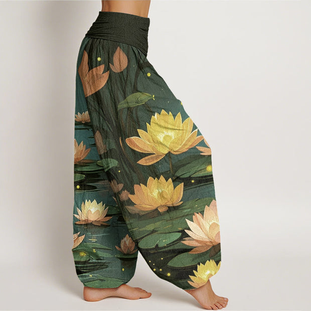 Buddha Stones Casual Peaceful Nighttime Lotus Pattern Women's Elastic Waist Harem Pants - image 10
