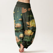 Buddha Stones Casual Peaceful Nighttime Lotus Pattern Women's Elastic Waist Harem Pants - image 11
