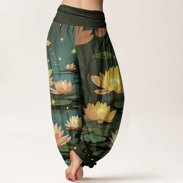 Buddha Stones Casual Peaceful Nighttime Lotus Pattern Women's Elastic Waist Harem Pants - image 11