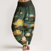 Buddha Stones Casual Peaceful Nighttime Lotus Pattern Women's Elastic Waist Harem Pants - DarkGreen - US22，UK/AU26，EU54 (6XL) - image 9
