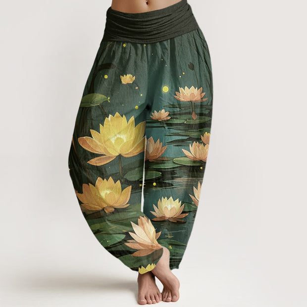 Buddha Stones Casual Peaceful Nighttime Lotus Pattern Women's Elastic Waist Harem Pants - DarkGreen - US22，UK/AU26，EU54 (6XL) - image 9