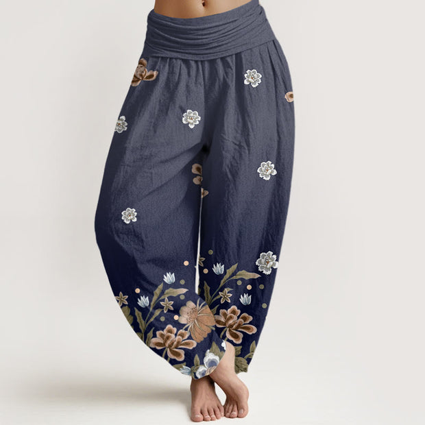 Buddha Stones Casual Blooming Flowers Pattern Women's Elastic Waist Harem Pants - Navy - US22，UK/AU26，EU54 (6XL) - image 1