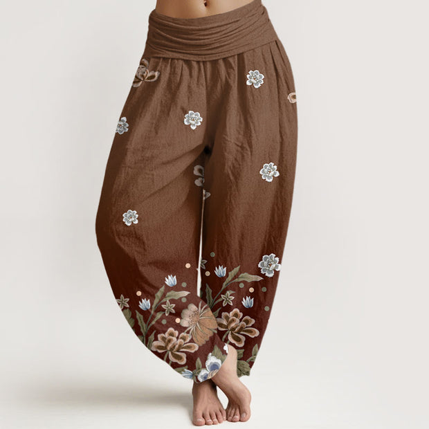 Buddha Stones Casual Blooming Flowers Pattern Women's Elastic Waist Harem Pants - SaddleBrown - US22，UK/AU26，EU54 (6XL) - image 6