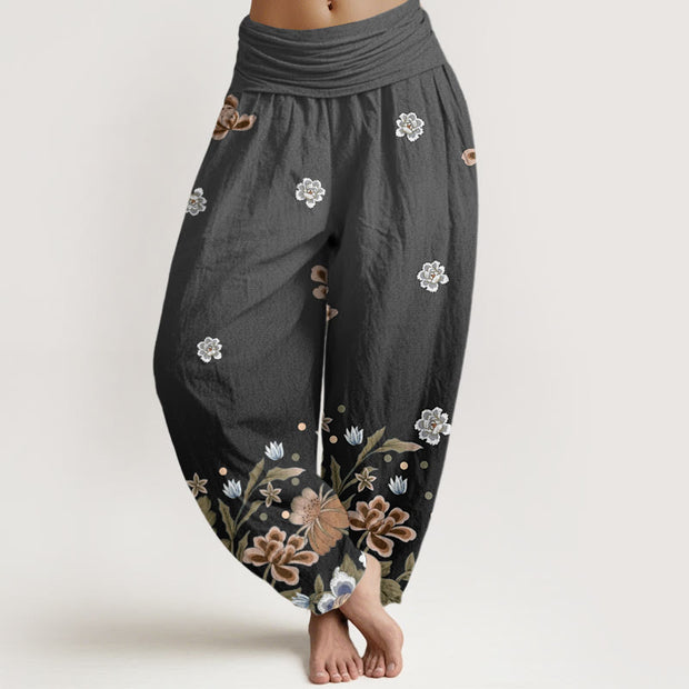 Buddha Stones Casual Blooming Flowers Pattern Women's Elastic Waist Harem Pants - Black - US22，UK/AU26，EU54 (6XL) - image 9