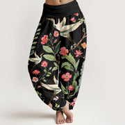 Buddha Stones Casual Red Flowers Crane Pattern Women's Elastic Waist Harem Pants - Black - US22，UK/AU26，EU54 (6XL) - image 1