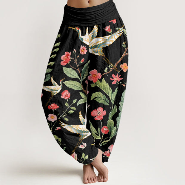 Buddha Stones Casual Red Flowers Crane Pattern Women's Elastic Waist Harem Pants - Black - US22，UK/AU26，EU54 (6XL) - image 1