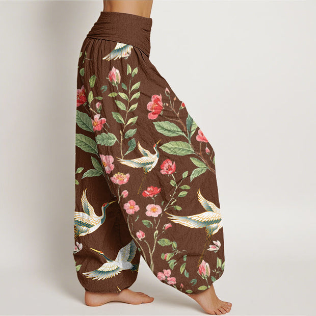 Buddha Stones Casual Red Flowers Crane Pattern Women's Elastic Waist Harem Pants - image 7