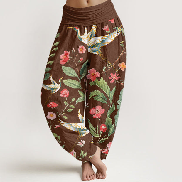 Buddha Stones Casual Red Flowers Crane Pattern Women's Elastic Waist Harem Pants - SaddleBrown - US22，UK/AU26，EU54 (6XL) - image 6
