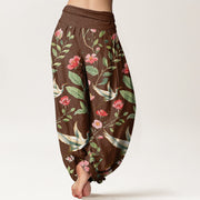 Buddha Stones Casual Red Flowers Crane Pattern Women's Elastic Waist Harem Pants - image 8