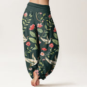 Buddha Stones Casual Red Flowers Crane Pattern Women's Elastic Waist Harem Pants - image 11
